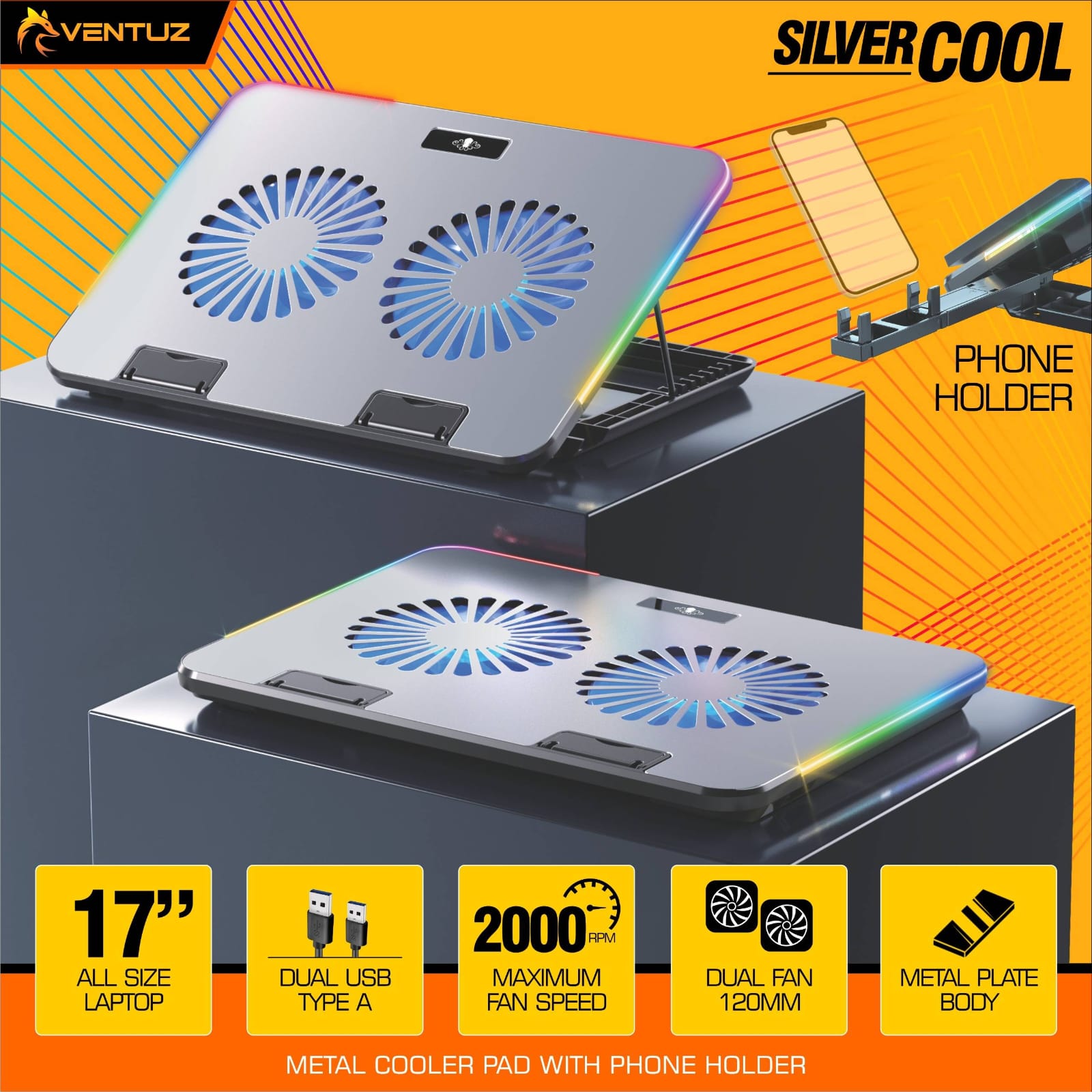VENTUZ SILVER COOL METAL COOLERPAD NOTEBOOK COOLER